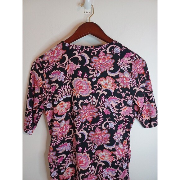 Lands End Knit Pullover Top S Pink Floral Shortsleeve V Neck Spandex Stretchy - Picture 10 of 13